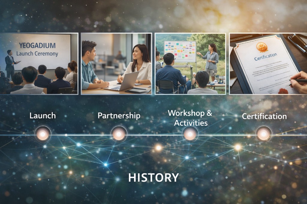 여가디움 연혁 비주얼 — Launch, Partnership, Workshop & Activities, Certification