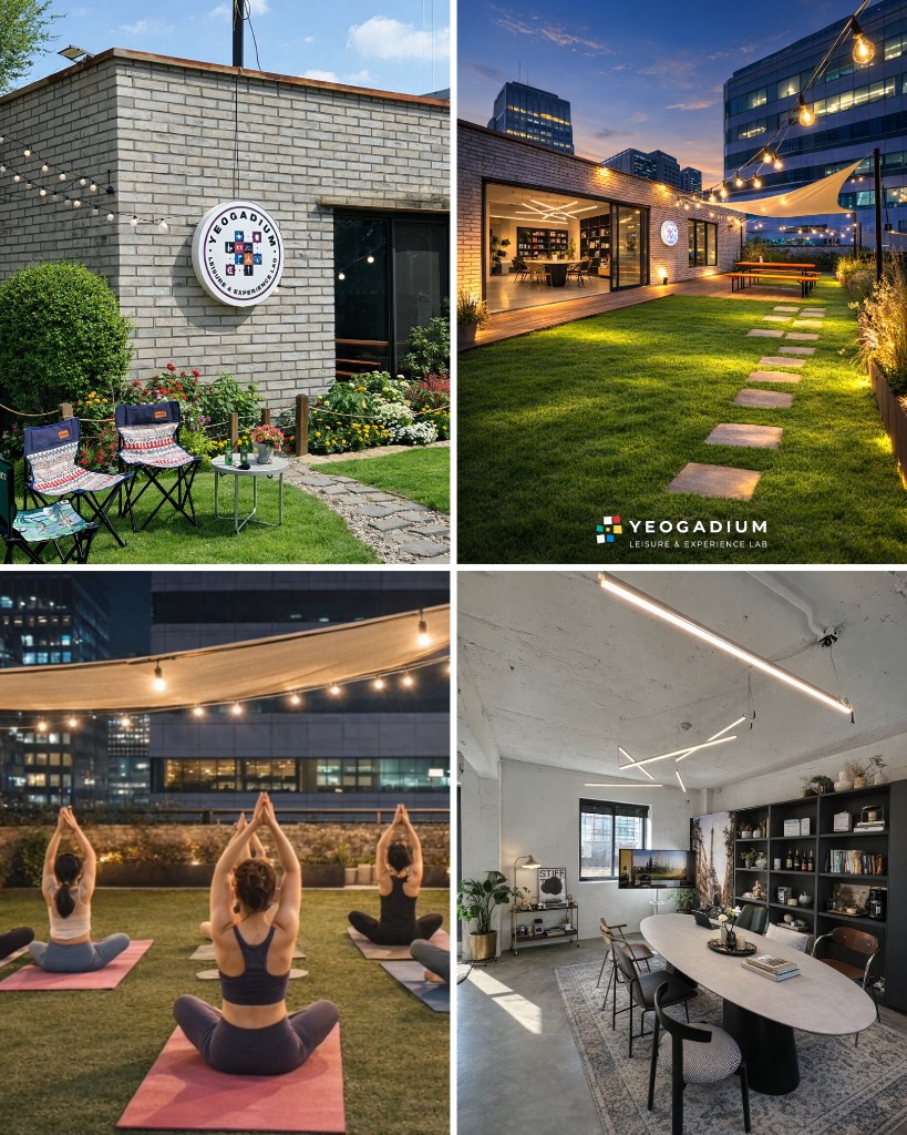 여가디움 전경·루프탑 야경·야외 클래스·실내 멀티 공간을 보여주는 4컷